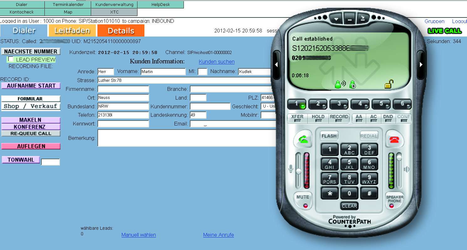 Web Dialer mit Softphone für CallCenter und Heimarbeitsplatz